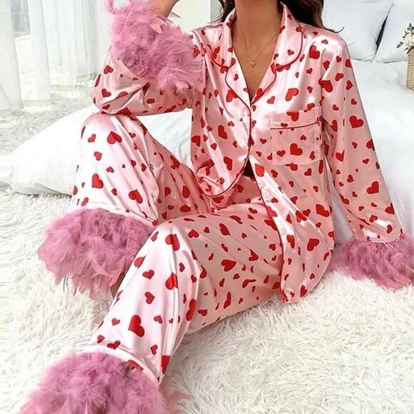 Red heart printed feather pajamas top & pants casual set silk pajamas - Picture 2 of 5